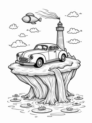 Floating Island Car with Cloud Wheels and Colorful Waterfall