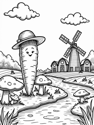 Giant Smiling Carrot and Colorful Windmill on a Whimsical Farm