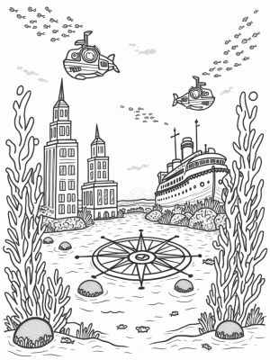 Underwater City with Submarines and a Sunken Ship