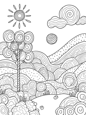 Oversized Circles and Vibrant Flowers in a Whimsical Landscape