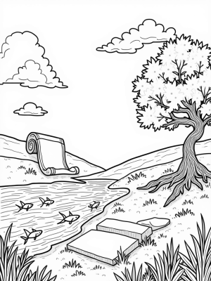 Giant Scroll on a Grassy Hill with Doves and Fish