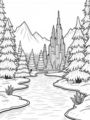 Frozen Forest with Ice Castle and Snowy Mountains