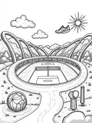 Whimsical Sports Arena with Soccer Ball and Oversized Equipment