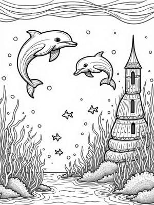 Dolphins Leaping Above a Coral Castle