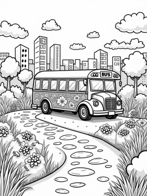 Vintage Bus in a City Park with Colorful Flowers