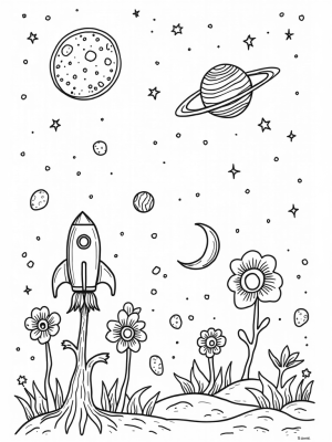Cosmic Garden with Planet Flowers and a Rocket Tree