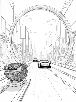 Futuristic City with Lamborghini Silhouettes and Neon Tunnels