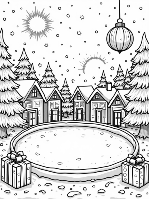Charming Winter Village with Ice Rink and Twinkling Lights