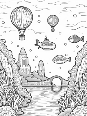 Underwater City with Submarines and Fish Balloons