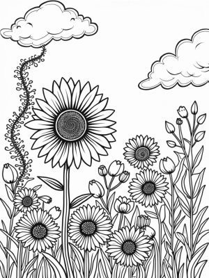 Giant Sunflower and Musical Daisies in a Flower Garden