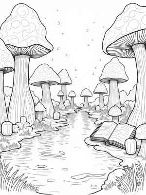 Enchanted Forest with Towering Mushrooms and a Magical Spellbook