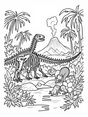 Prehistoric Jungle with a Dinosaur Skeleton and Feathered Friends