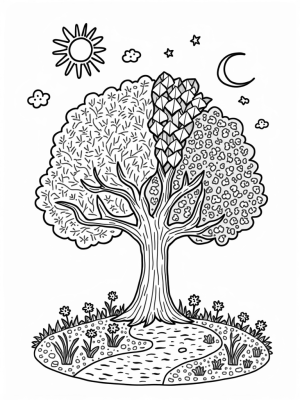 Four Seasons Tree with Blossoms, Leaves, and Snowflakes