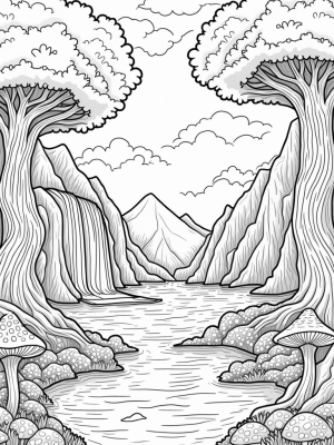 Serene Valley with Spiraling Trees and Waterfalls