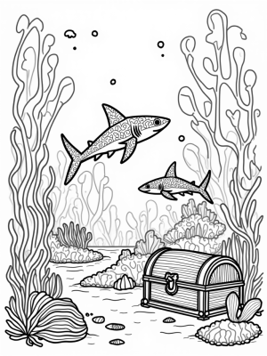 Underwater Garden with Patterned Sharks and Treasure Chest