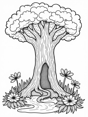 Ancient Tree with Dragon Scales and Magical Flowers