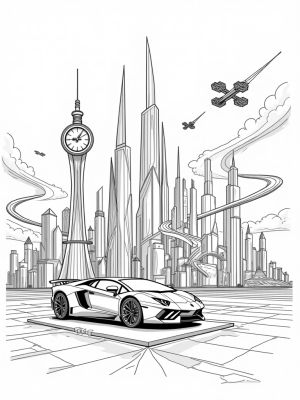 Futuristic Cityscape with Lamborghini and Gear-Shaped Clock
