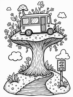 Bus-Shaped Treehouse on a Giant Mushroom
