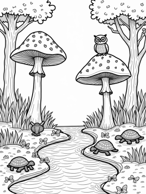Oversized Mushrooms and a Wise Owl in a Forest Glade
