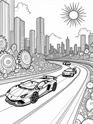 Futuristic City with Lamborghini Silhouettes