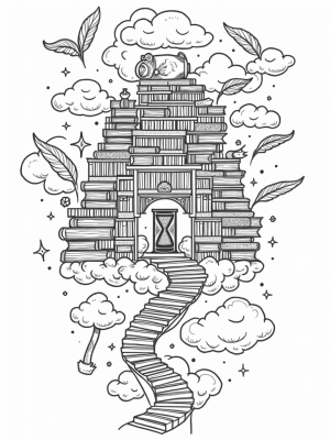 Floating Library with Ancient Books and Enchanted Quills