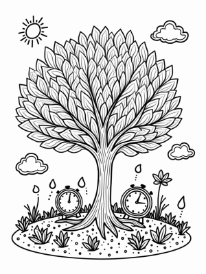 Seasons Tree with Colorful Leaves and Clocks