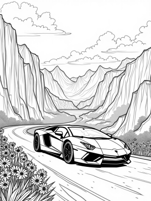 Lamborghini on a Mountain Road with Gears and Waterfalls