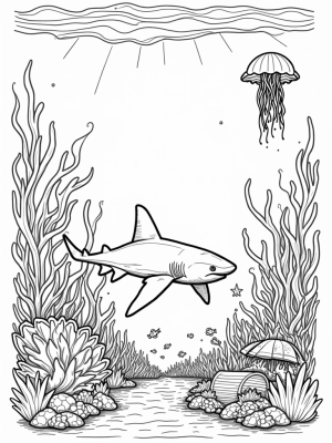 Underwater Garden with a Shark and Treasure