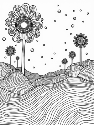 Magical Mosaic Landscape with Flower and Circle Trees