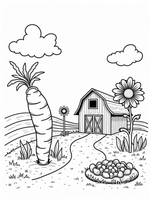 Giant Carrot and Cheerful Scarecrow in a Farm Landscape