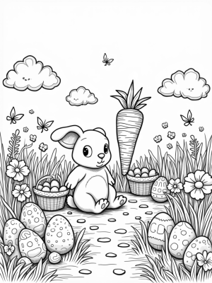 Giant Bunny in a Colorful Garden with Easter Eggs