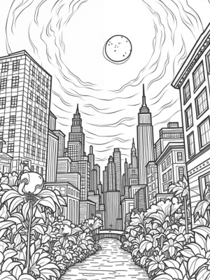 Twilight Cityscape with Spider Web and Comic Panels