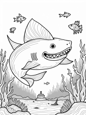 Giant Shark Coral Reef with Colorful Fish and Jellyfish