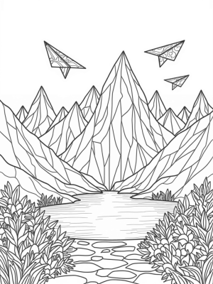 Triangular Mountain Landscape with Origami Planes