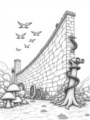 Colossal Stone Wall with Giant Gears and Whimsical Mushrooms