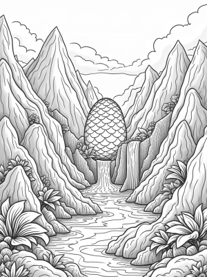Mystical Mountain Range with Dragon Egg and Silver Waterfall