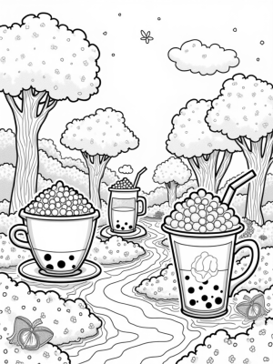 Boba Tea Garden with Oversized Cups and Fruit Trees