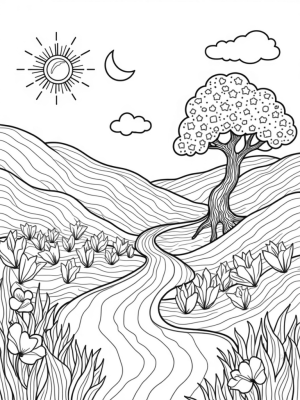 Dreamy Landscape with Giant Waves and Twisted Tree