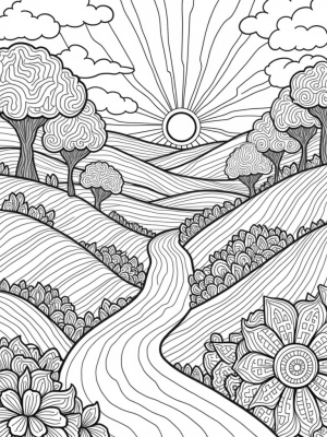 Vibrant Dreamlike Landscape with Spiraled Trees and Mandala River