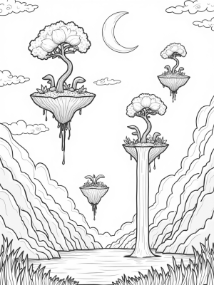 Floating Islands Under a Crescent Moon