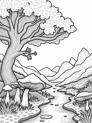 Whimsical Tree with Butterfly Leaves and Mushroom Wonderland