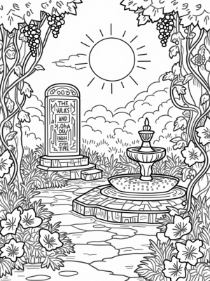 Serene Garden with Ancient Tablet and Whimsical Fountain