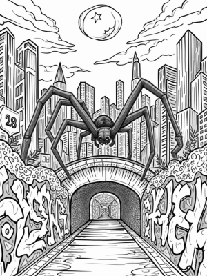 Urban Skyline with Spider Silk and Graffiti
