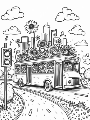 Colorful Bus Garden in a Whimsical Cityscape