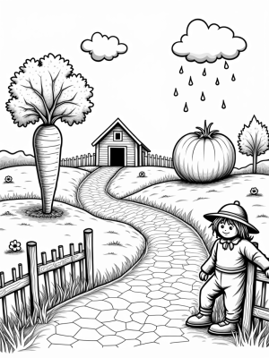 Giant Vegetables and a Scarecrow on a Whimsical Farm