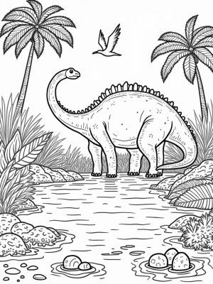 Brontosaurus and Pterodactyls in a Prehistoric Jungle