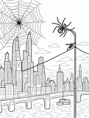 Urban Skyline with Spider Web at Dusk