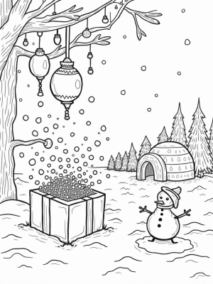 Giant Gift Box and Cozy Snowman in a Winter Wonderland