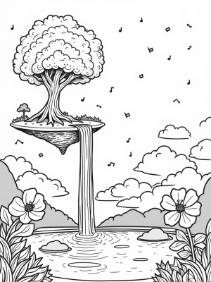 Floating Island with Rainbow Waterfall and Musical Tree
