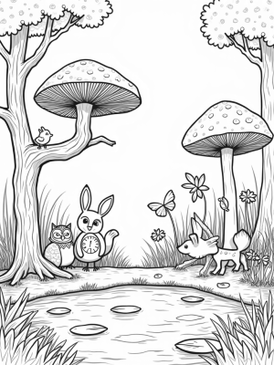 Forest Gathering with Animals and Oversized Mushrooms
